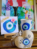 Handmade Blue Eye Set Mug Painting Wooden Heart