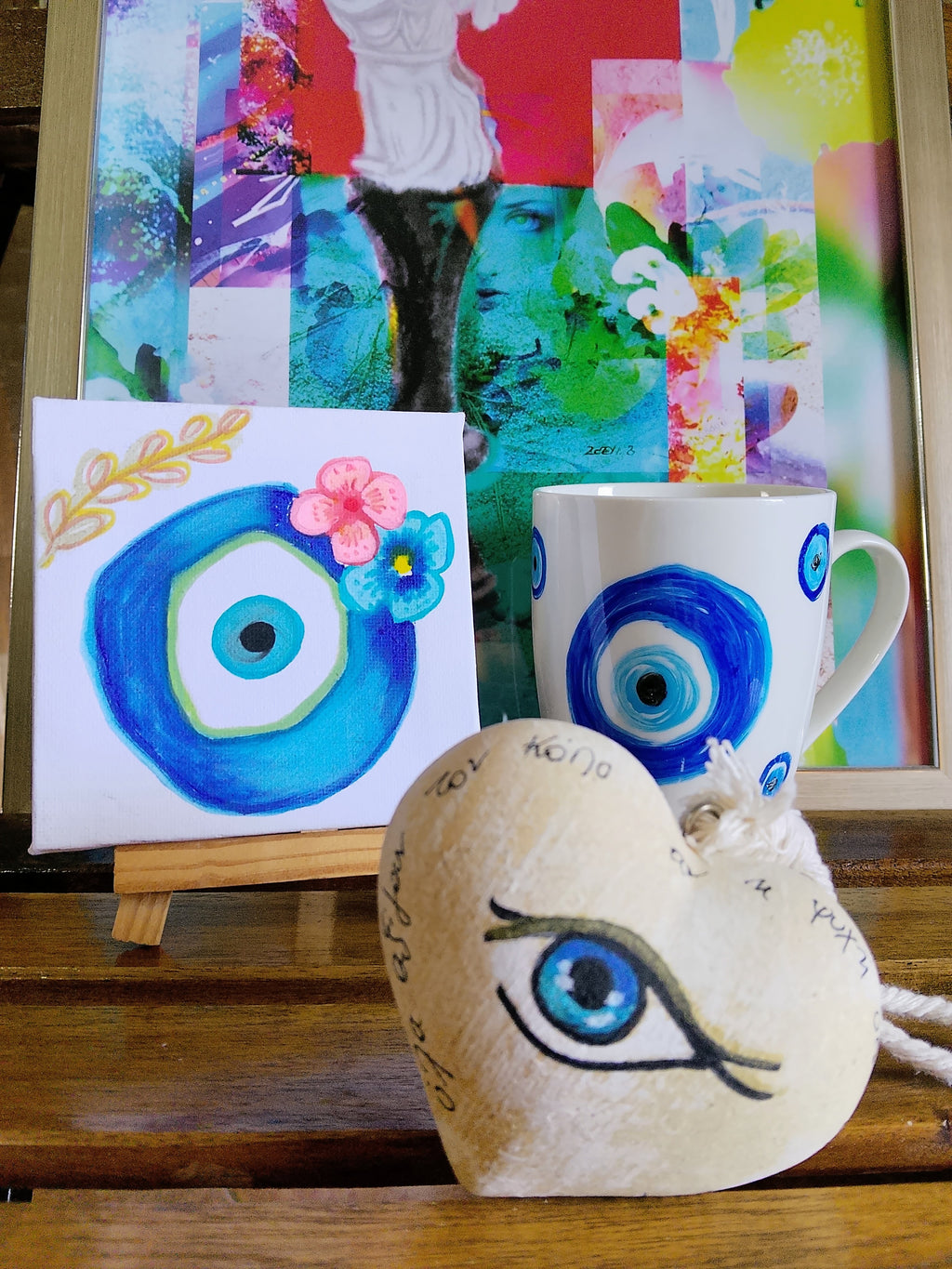 Handmade Blue Eye Set Mug Painting Wooden Heart