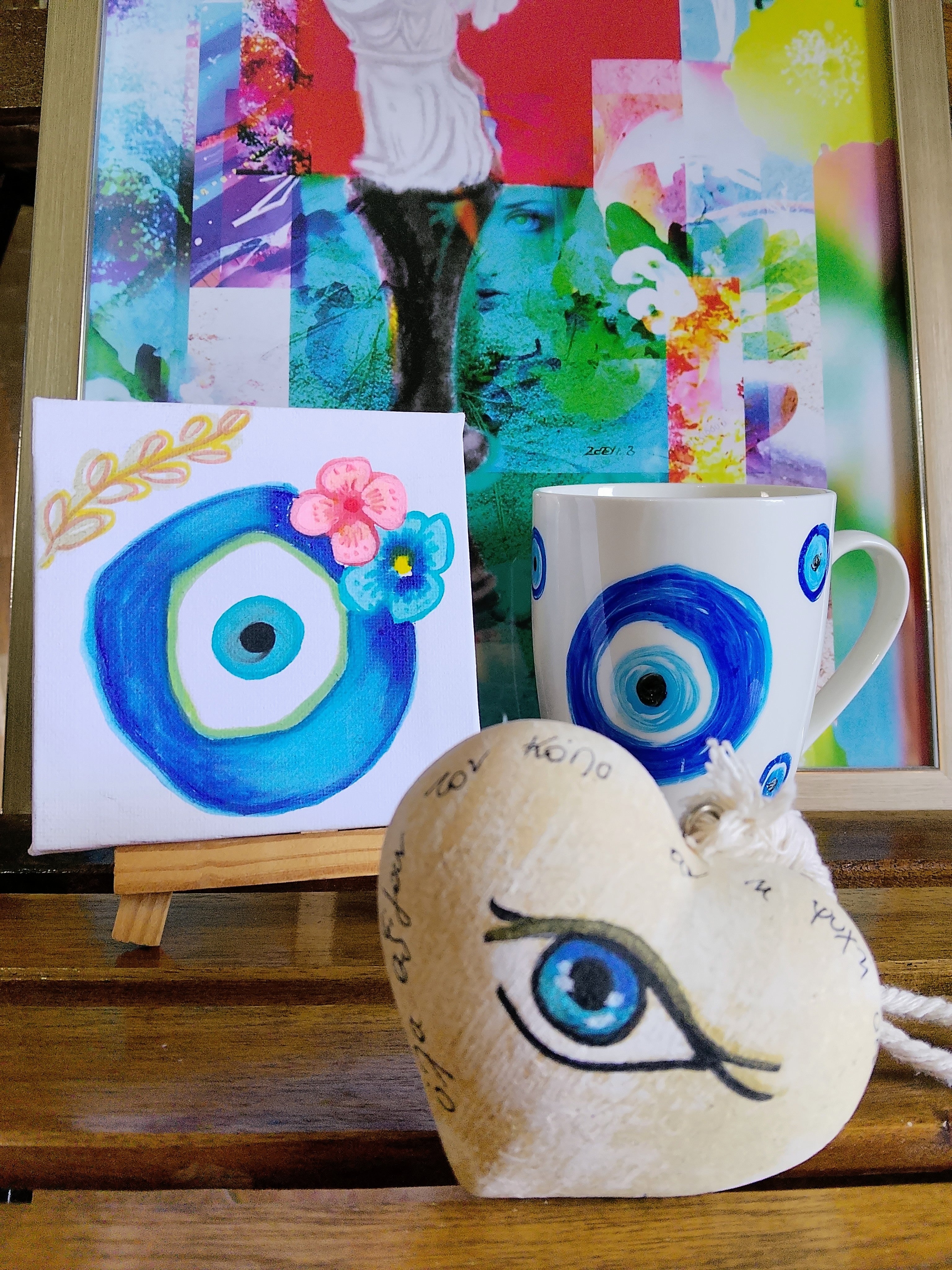 Handmade Blue Eye Set Mug Painting Wooden Heart