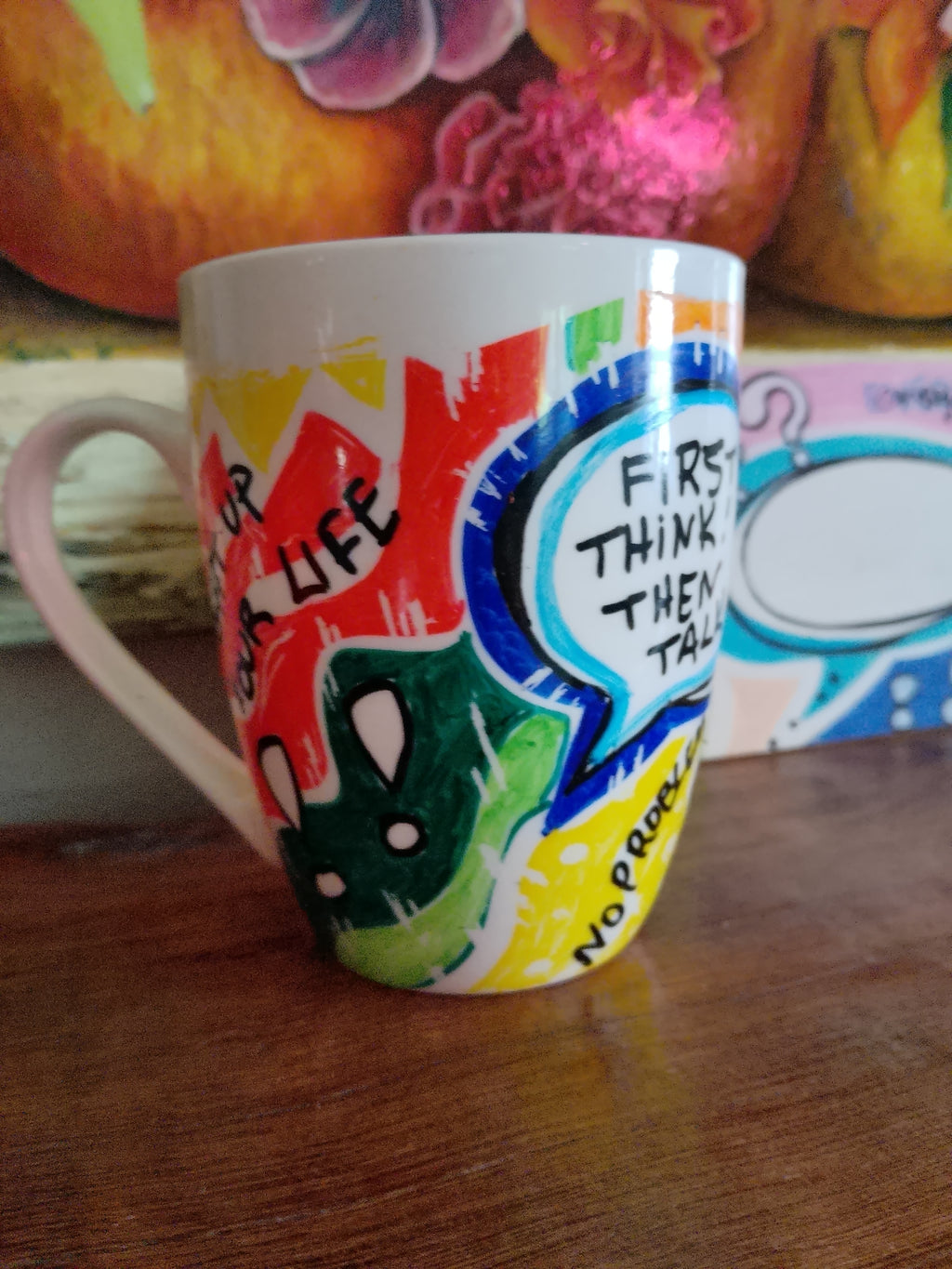 Hand-painted Mug And Wooden Pop Art Label