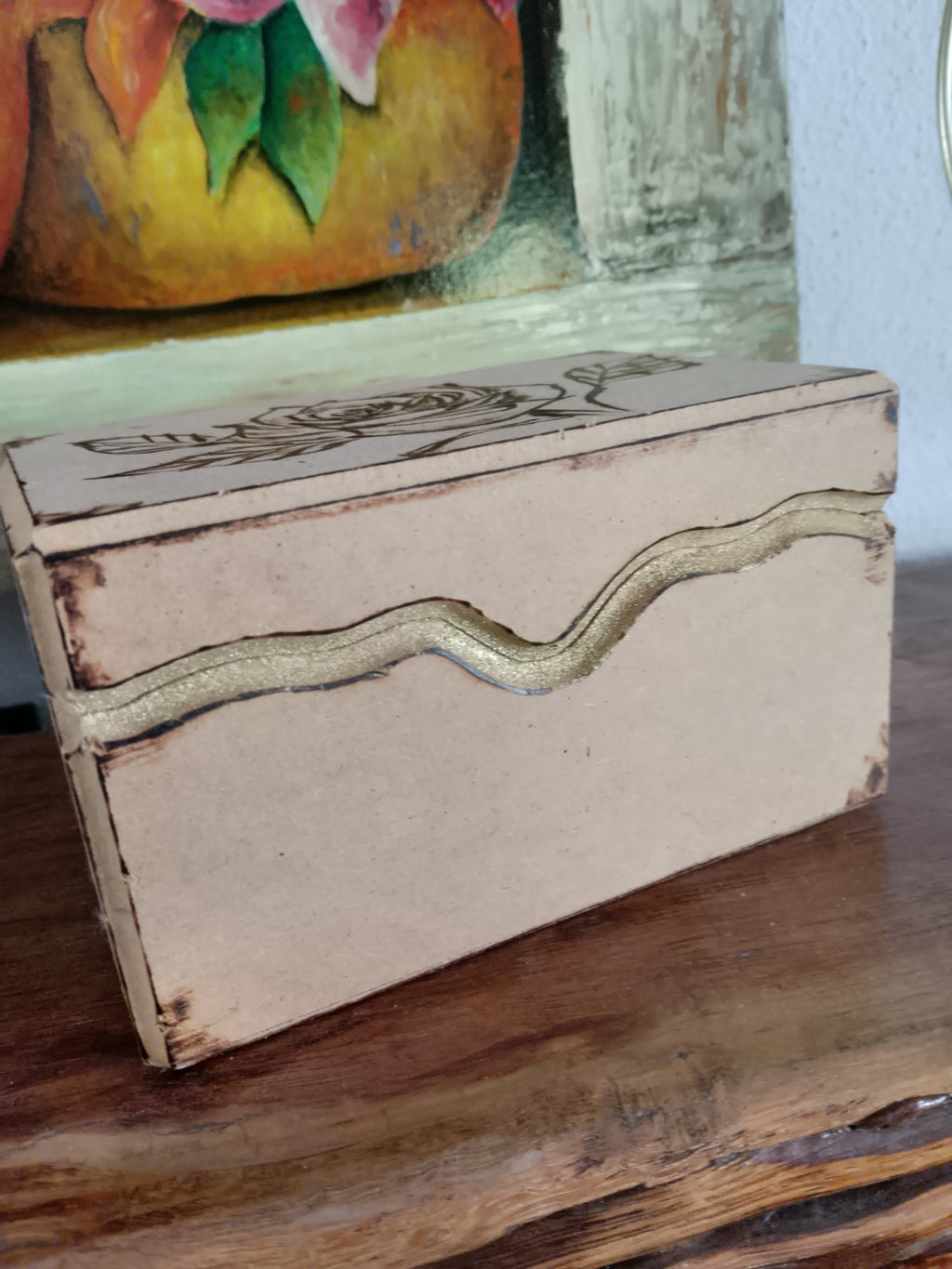 Wooden Art Decor Angel Pyrography Box Plastic Flowers