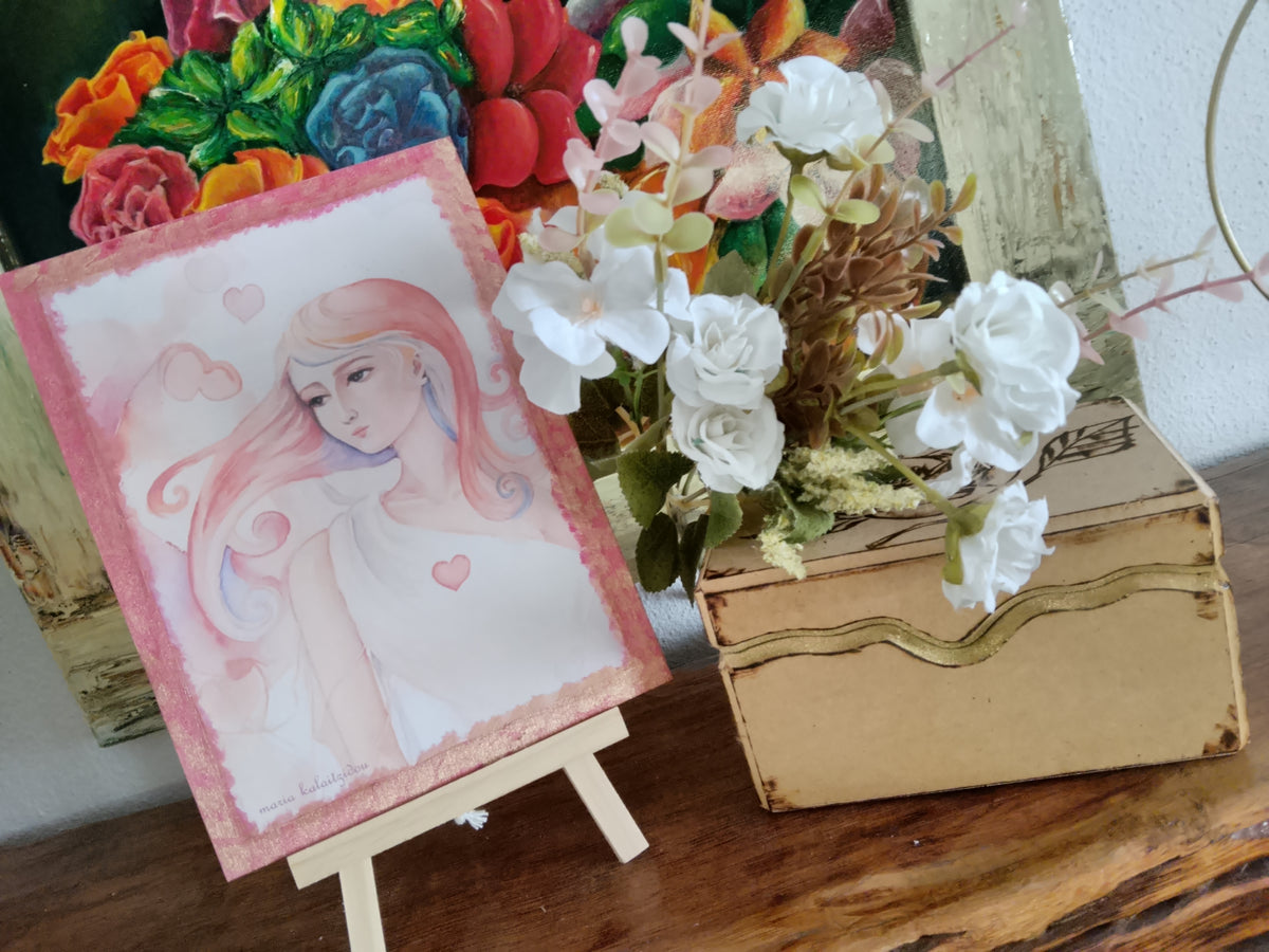 Wooden Art Decor Angel Pyrography Box Plastic Flowers