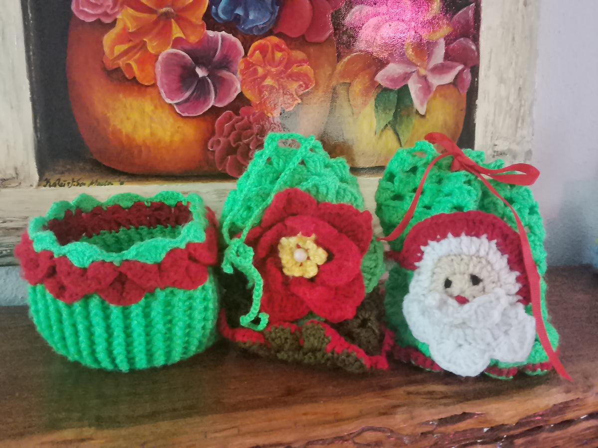 Christmas Crochet Basket Pouches And Ornaments