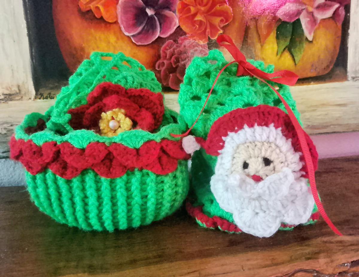Christmas Crochet Basket Pouches And Ornaments