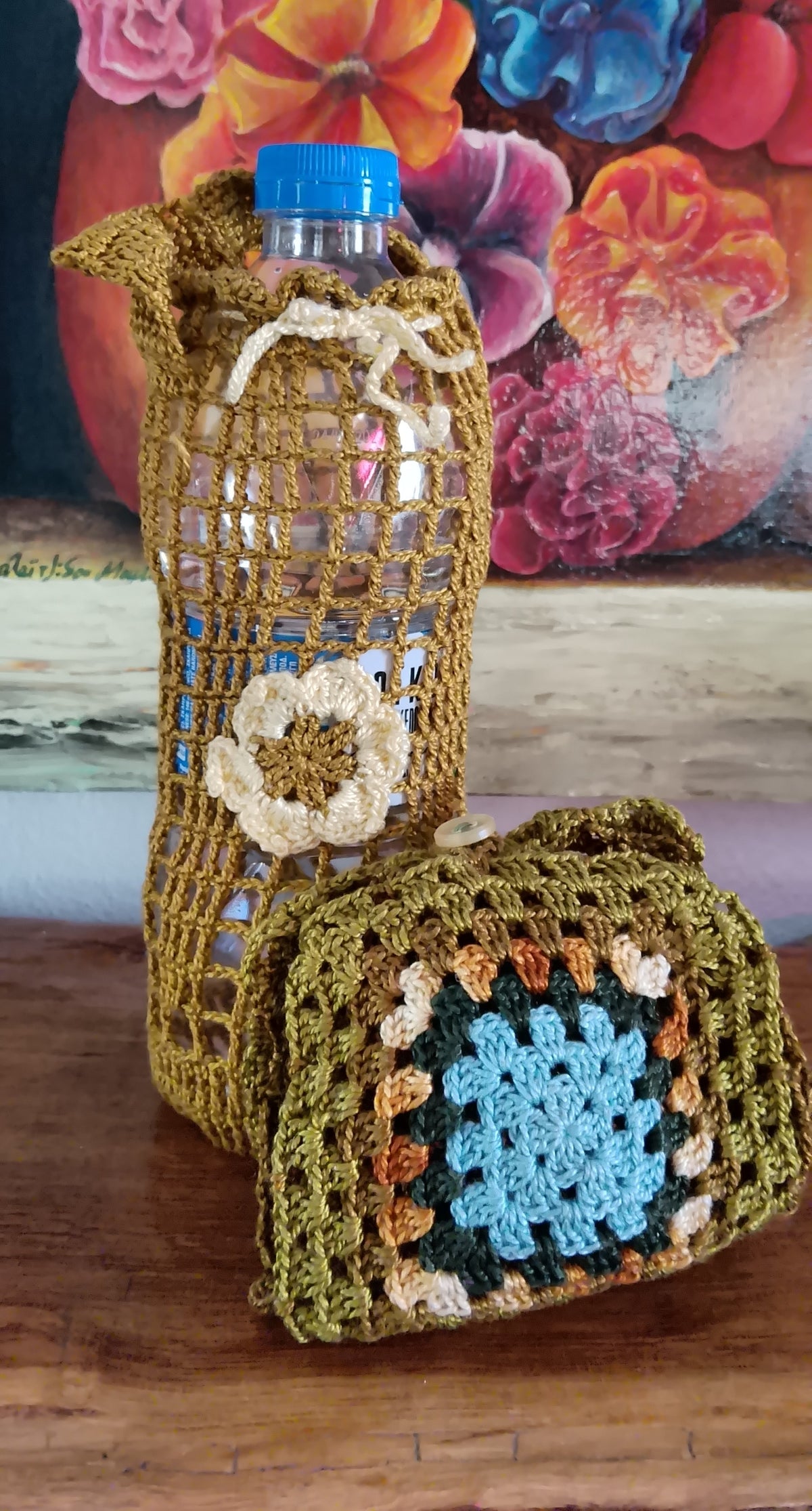 Handmade Κnitted Shopping Bag With Bottle Case