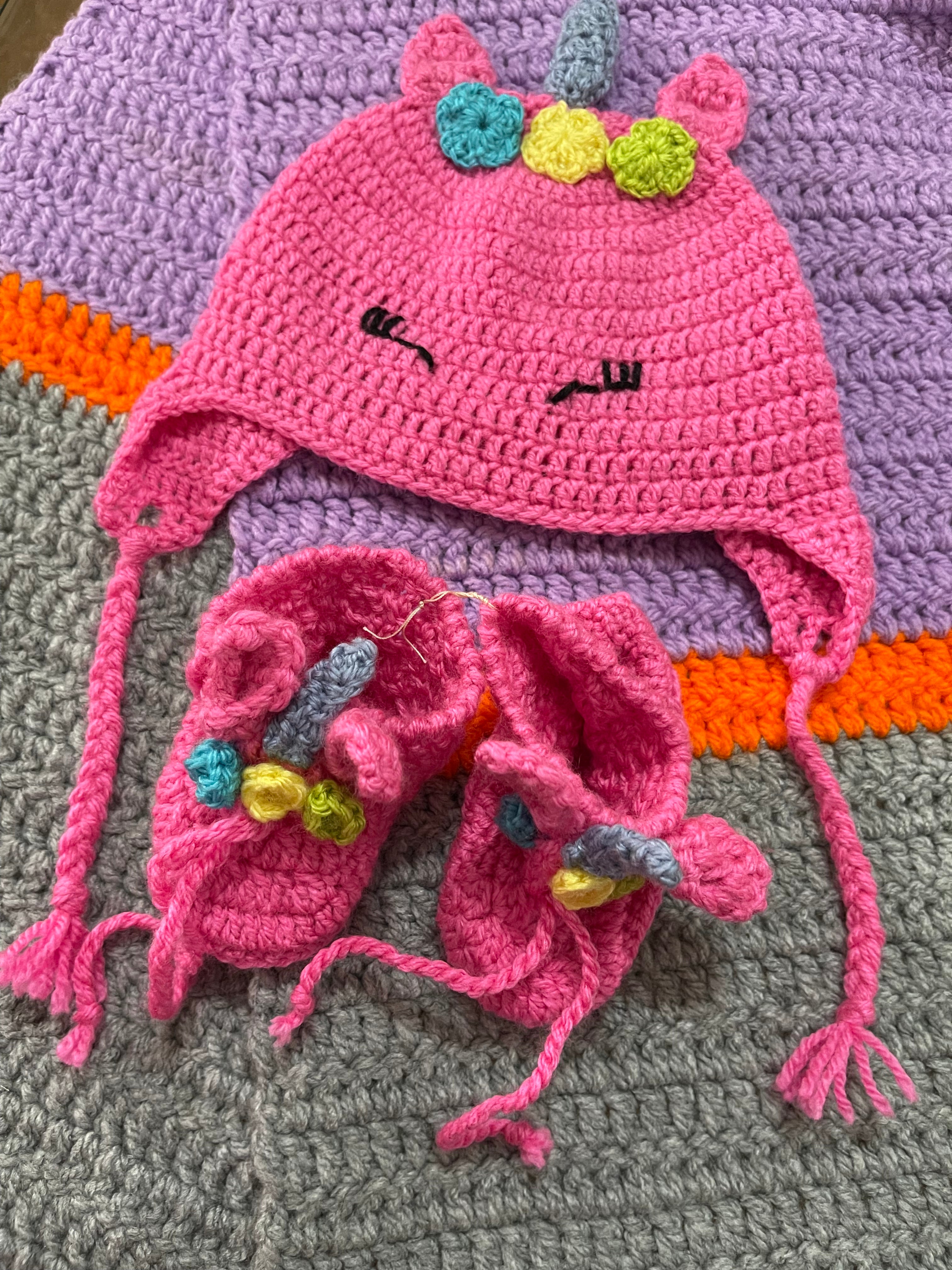 Handmade Unicorn Knitted Baby Set Cap And Booties.