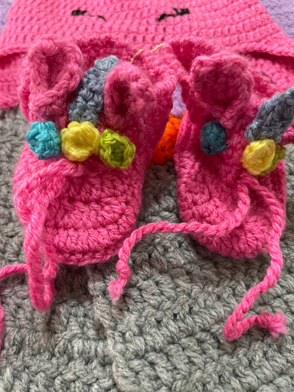 Handmade Unicorn Knitted Baby Set Cap And Booties.