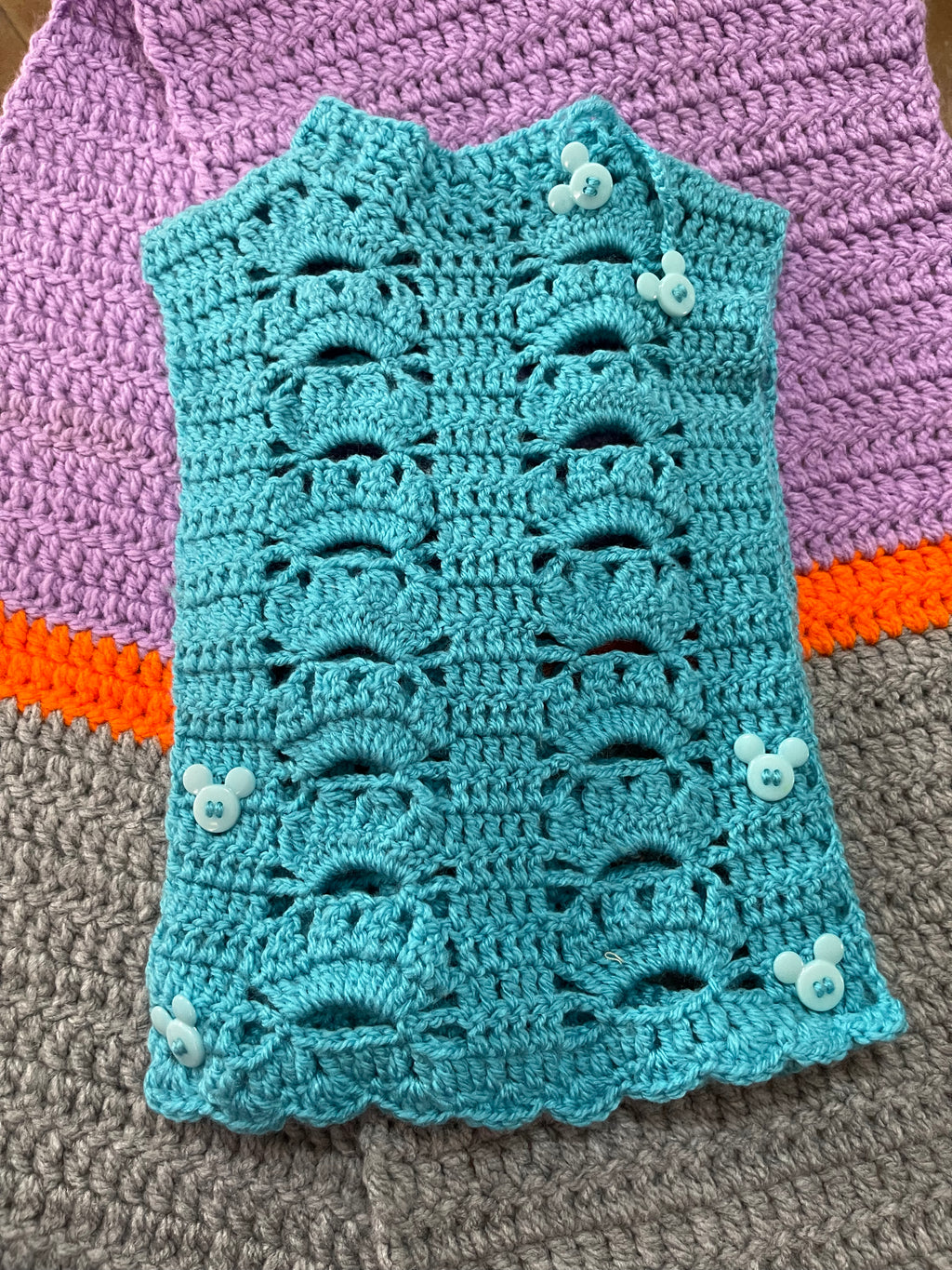 Handmade Knitted Baby Set with  dress, vest and shrug.