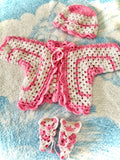 Baby  Handmade Knitted Set. Jacket Booties And Cap.