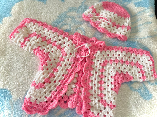 Baby  Handmade Knitted Set. Jacket Booties And Cap.