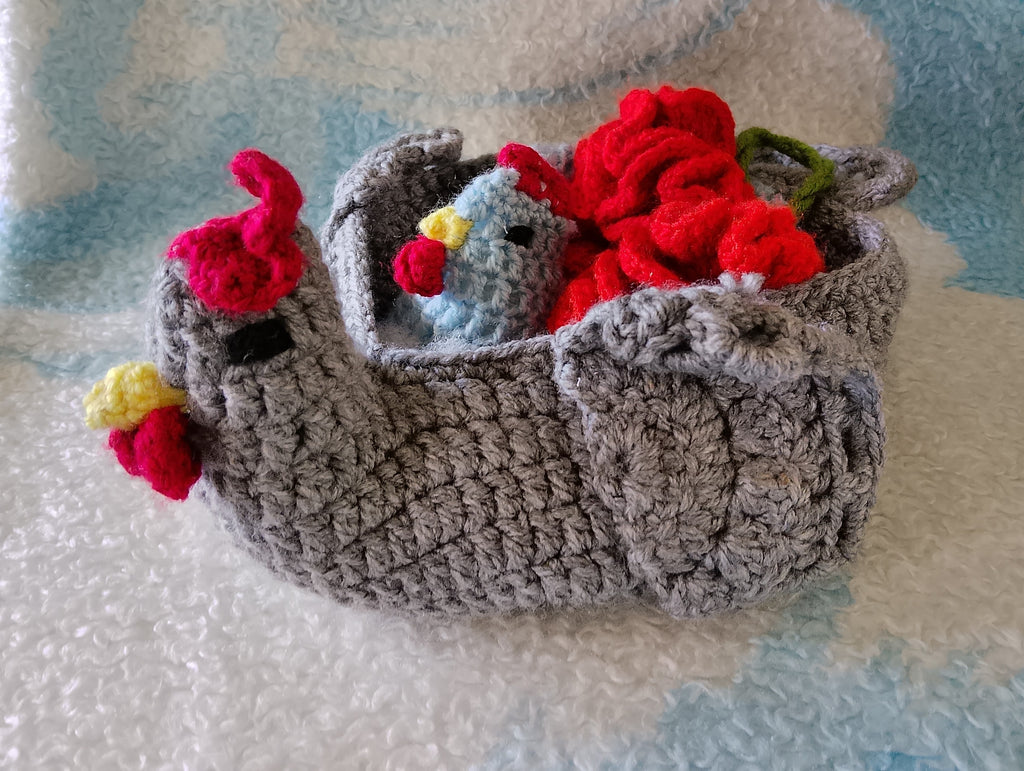 Handmade Knitted Chikens And Flowers