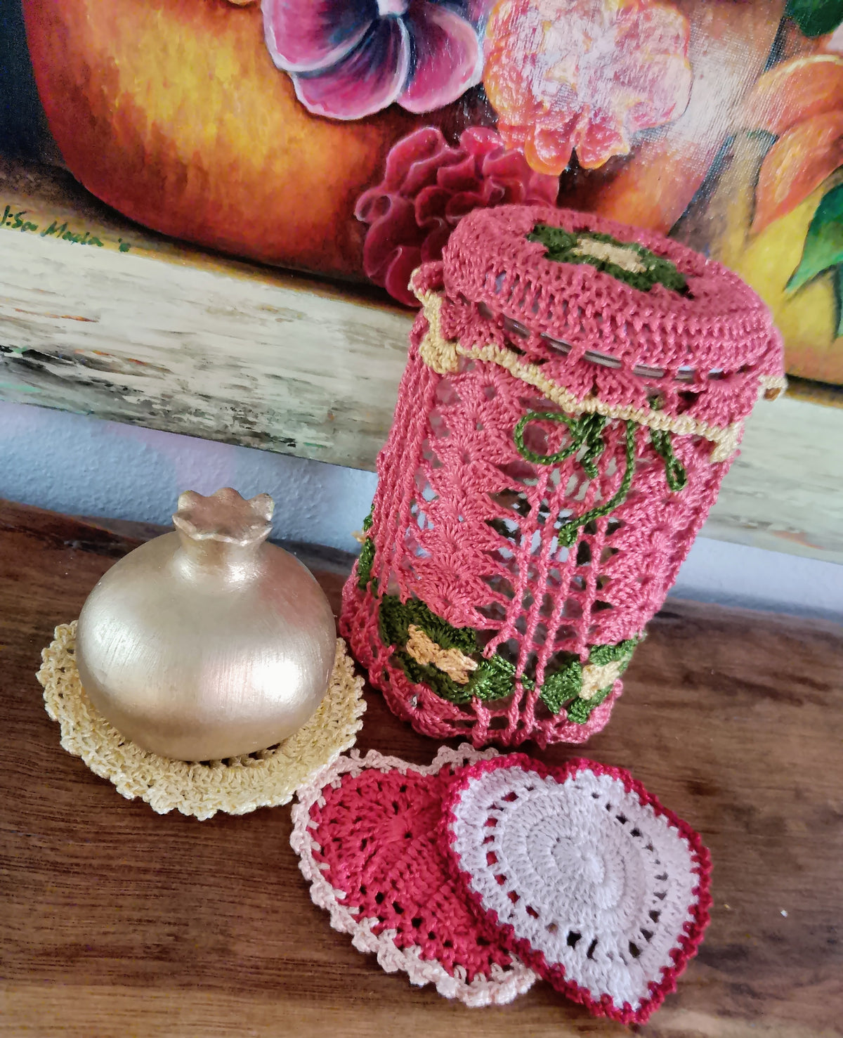 Crochet Set Coasters Clay Pomegranate Ang Vase Cloth