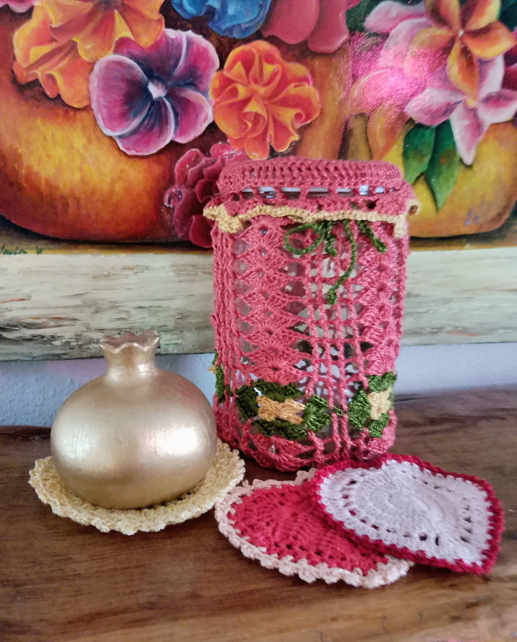 Crochet Set Coasters Clay Pomegranate Ang Vase Cloth