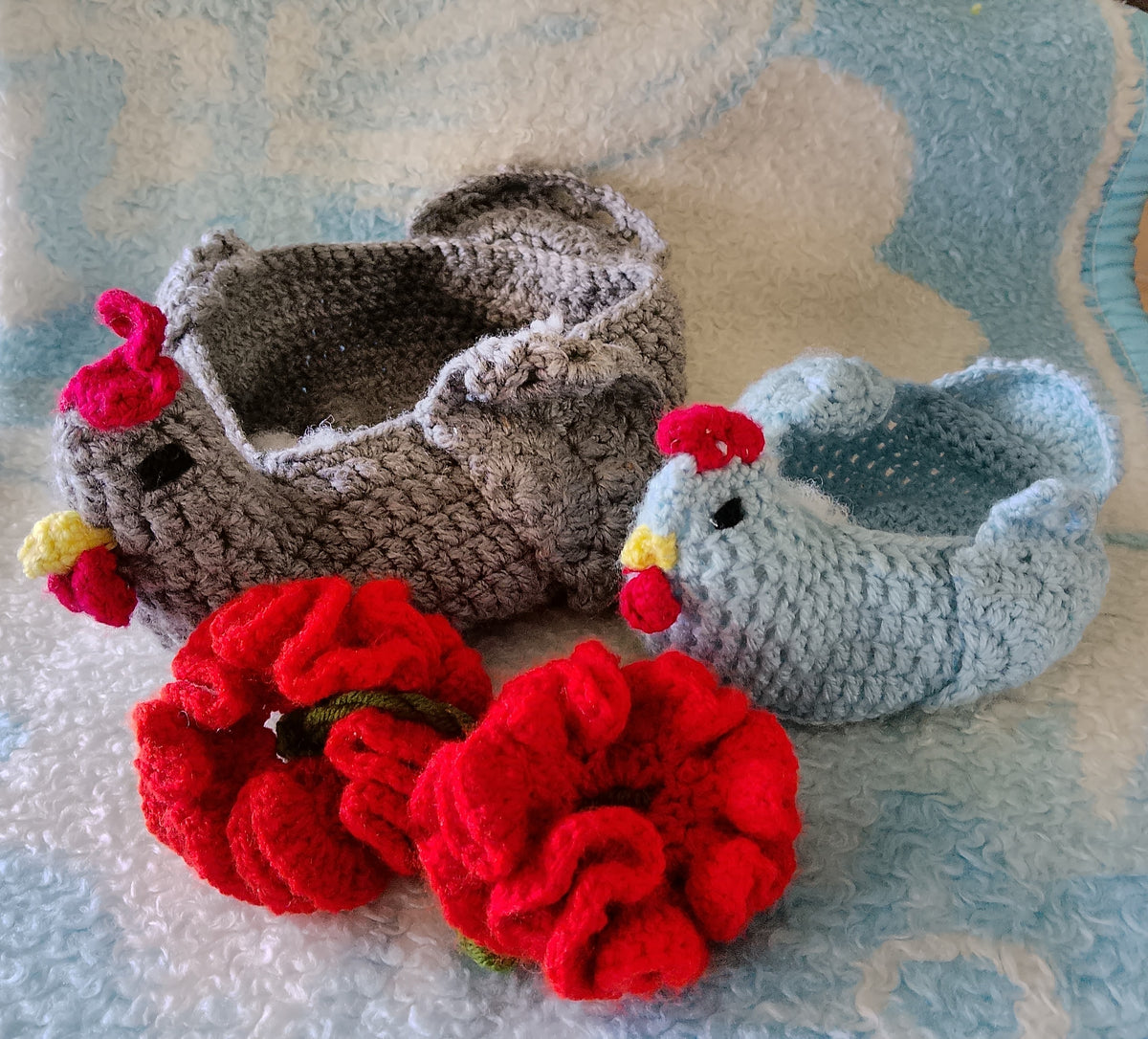 Handmade Knitted Chikens And Flowers